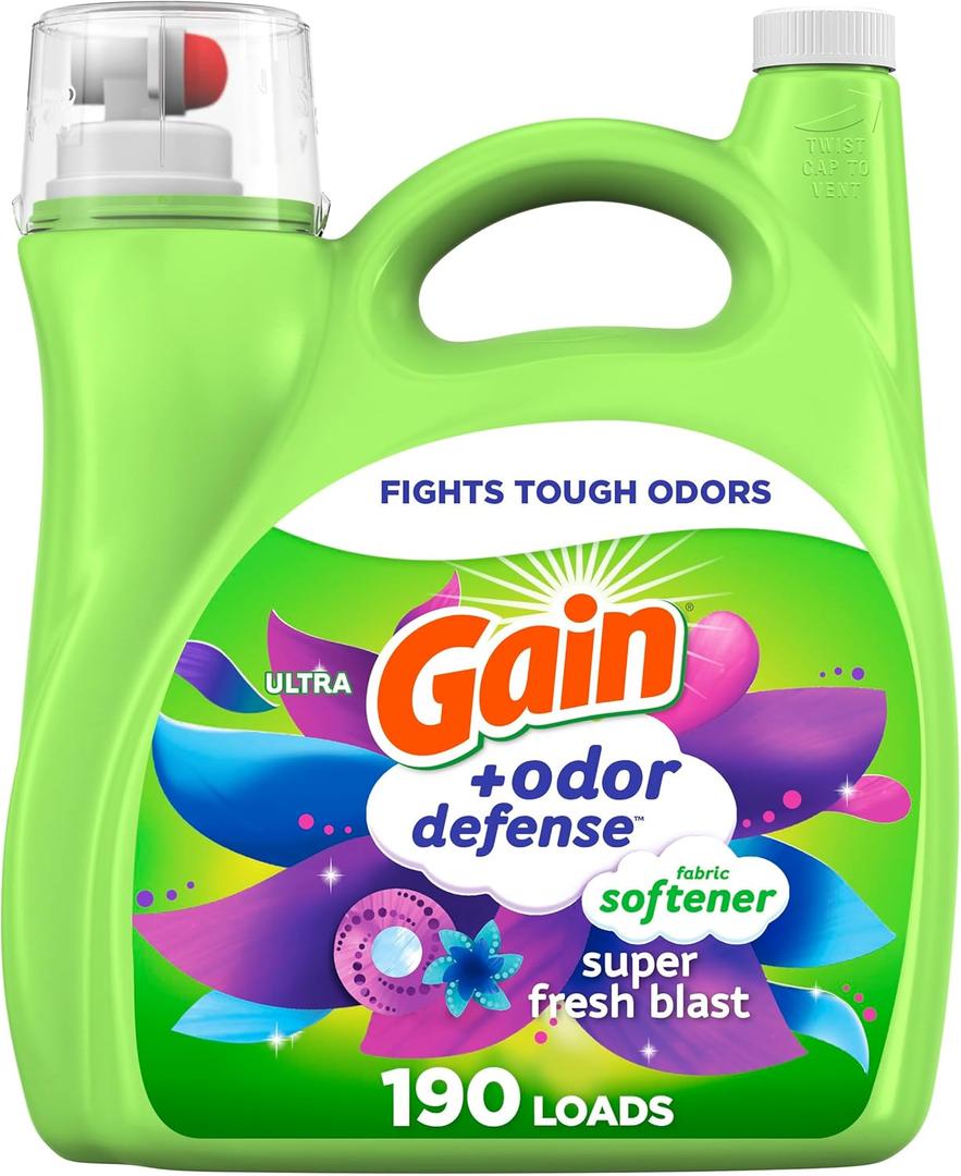 Gain Odor Defense Liquid Fabric Softener, Super Fresh Blast scent, 140 FL OZ, 190 loads, 2 in 1 Freshness plus Odor Protection