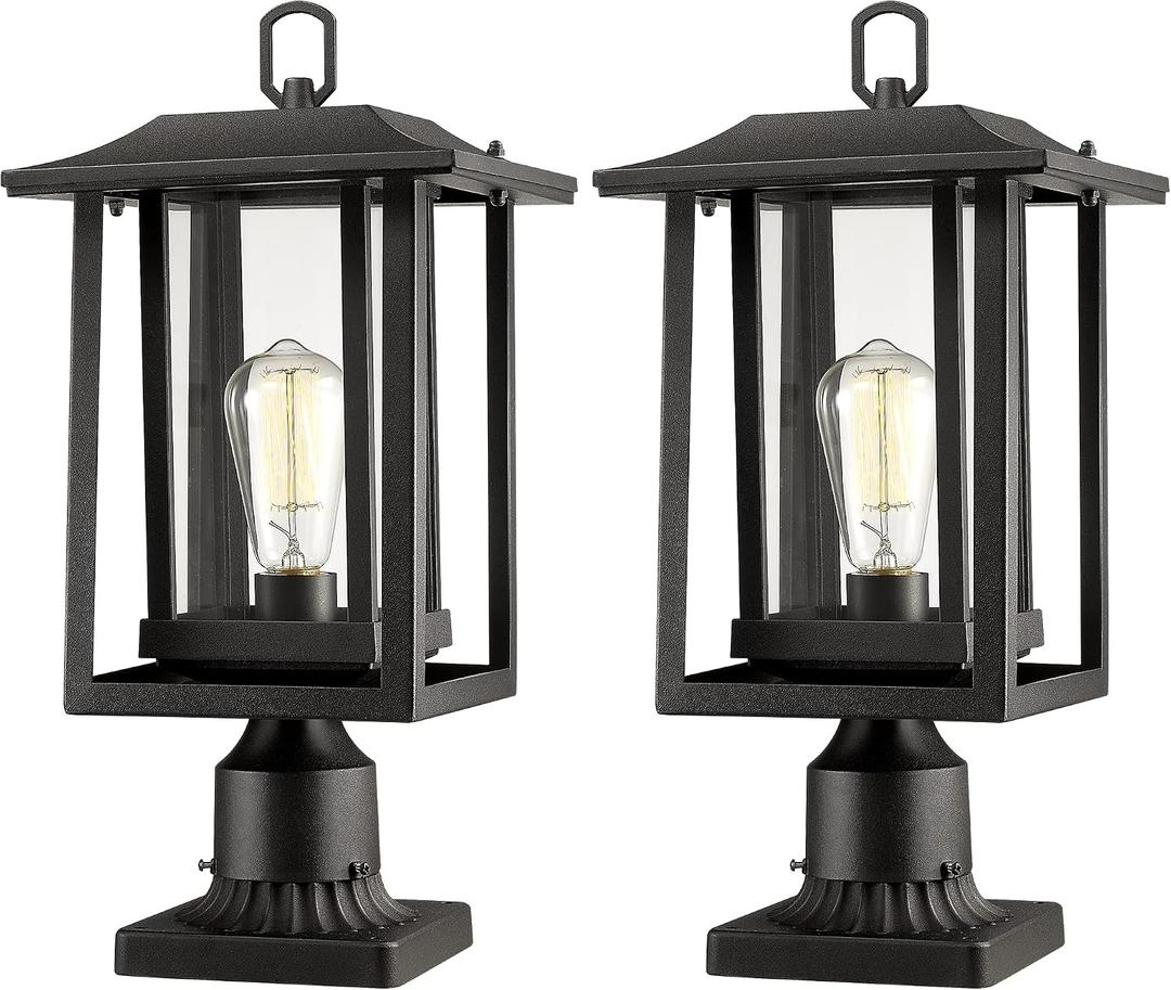 Beionxii Outdoor Post Lights, Large Exterior Lamp Post Light Fixture with Pier Mount Base, Black Cast Aluminum w/Clear Glass (19" x 9") - A197P-2PK (NOT Solar, 110-120V AC)