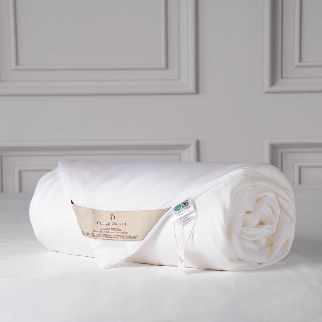 CUDDLE DREAMS Lightweight Silk Filled Comforter for Summer, Detachable Tencel Duvet Cover for Easy Care, Naturally Breathable (White, Twin) (TWIN, 68 IN x 88 IN)