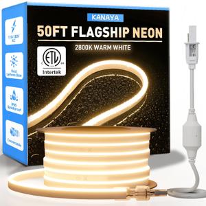 KANAYA 50ft Led Neon Rope Lights Warm White 2800K, ETL Listed 110-120V Lighting Strip IP65 Waterproof, Connectable and Cuttable, for Home Commercial Building Outdoor Indoor Decor