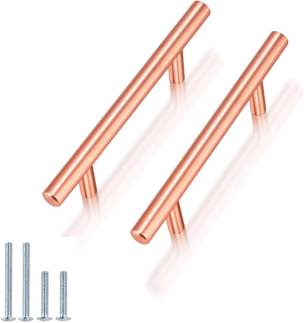 -3" Cabinet Handles Solid Stainless Steel Drawer Pulls Brushed Rose Gold Finish,10 Pack-Kitchen Cabinet Pulls Furniture Hardware Modern T Bar,Diameter 10mm(2/5 Inch), Hole Centers:76mm