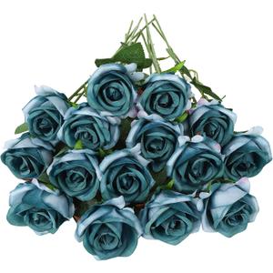 80 Pcs Roses Artificial Flowers, Silk Gradient Dusty Blue Artificial Flowers Petals Long Stem Roses for Mom Bouquet Home Party Decor