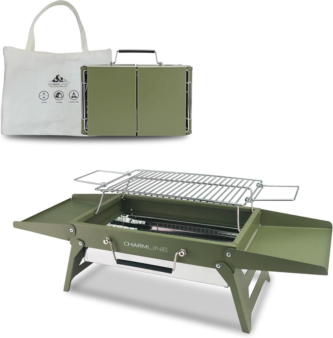 Charmline 14 x 9 inches Portable Charcoal BBQ Grill, Foldable Compact Camping Barbecue for 13 People, Ideal for Garden, Beach, Picnic & Tabletop Use, Green