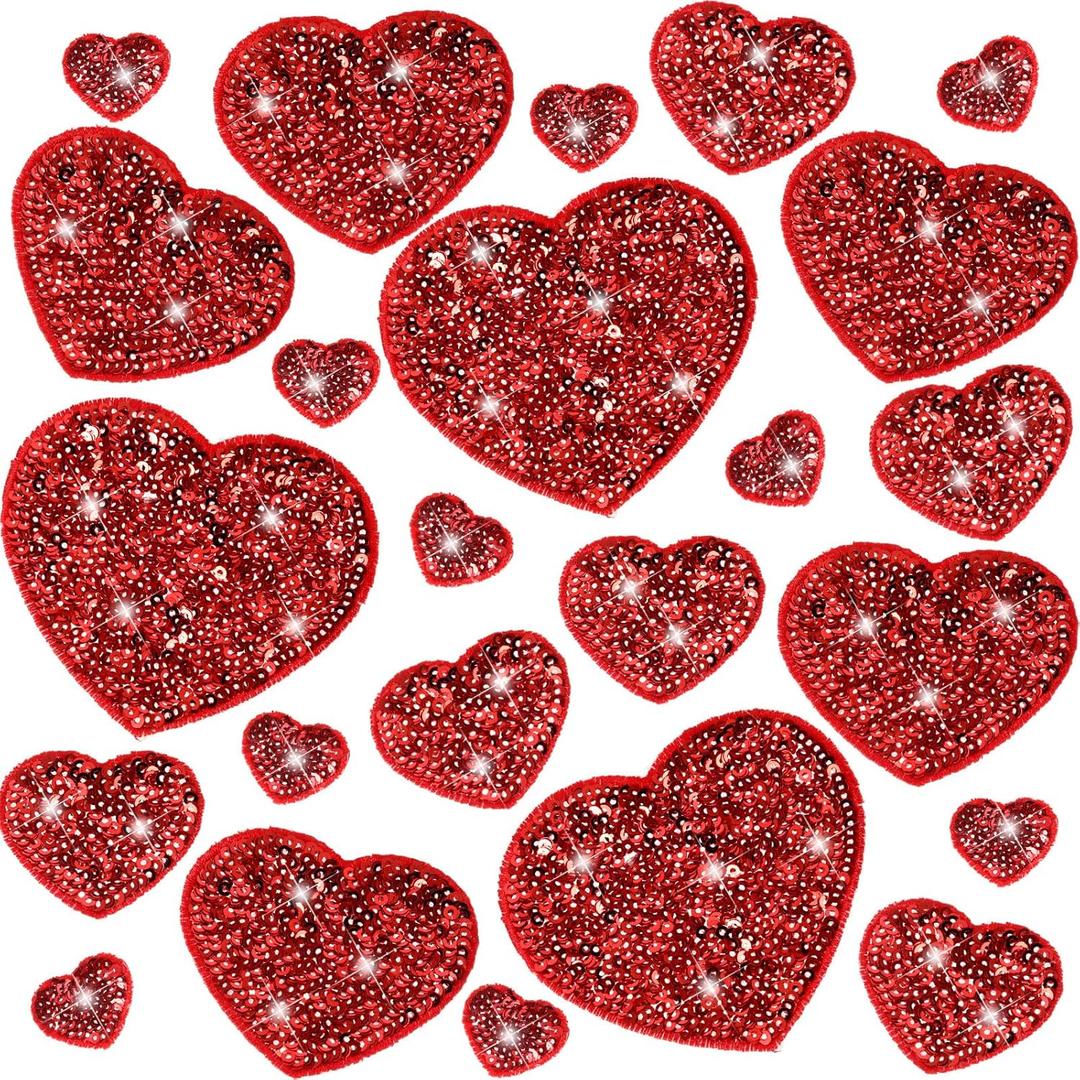 24 Pcs Sequin Heart Iron on Patches in 4 Sizes Embroidered Decorative Shiny Love Patches for Clothing Bags Jackets Jeans Hats Backpacks Costume Accessory(Red)