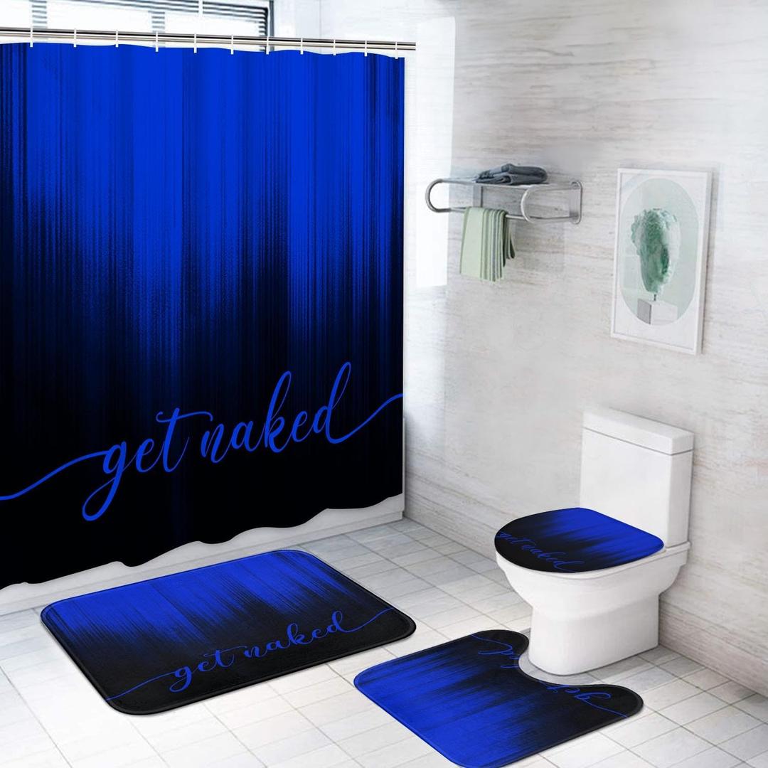 ArtSocket 4PC Blue Black Ombre Get Naked Modern Simple Shower Curtain Sets Bathroom Decor with Rugs, Non-Slip Rug,Toilet Lid Cover, Bath Mat and 12 Hooks 72x72 inches