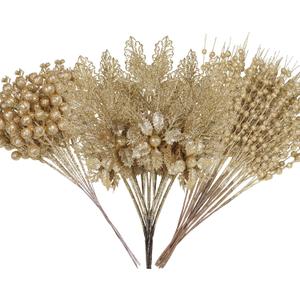 Alupssuc 24 Pcs 3 Styles Glitter Christmas Tree Picks and Holly Berry Stems Christmas Decorations Set, Poinsettia Flowers Artificial for Xmas Tree Ornaments or Party Wreath Fireplace, Gold