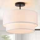 3-Light Semi Flush Mount Ceiling Light Fixture, 16 inch Drum Light Fixture with 2-Layer White Drum Fabric Shade, Entryway Ceiling Light Fixtures for Bedroom Dining Room