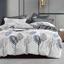 Natural Cotton 3pcs Botanical Comforter Sets King Size-Dark Gray Comforter with Luxurious Blue & Gray Leaves on White, Reversible Lightweight Floral Bedding Sets(King 104"90", Leaves-dark Gray)