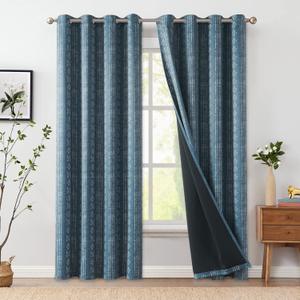 jinchan 95% Blackout Boho Curtains 84 Inches Long for Bedroom White on Blue Geometric Printed Grommet Top Room Darkening Thermal Insulated Window Drapes 2 Panels