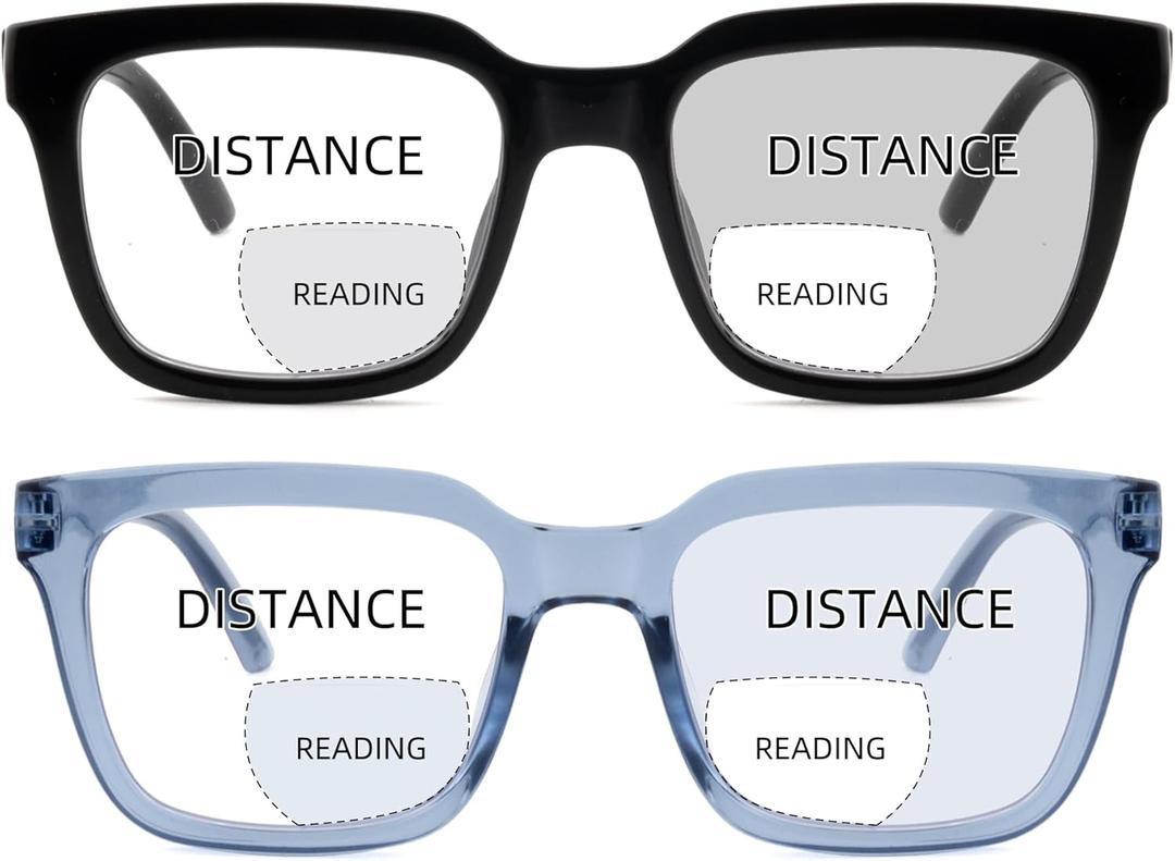 2 Pack Bifocal Reading Glasses for Women Men Oversized Clear Top Bi-focal Readers Progressive Dual-focus Glasses (Black & Blue)