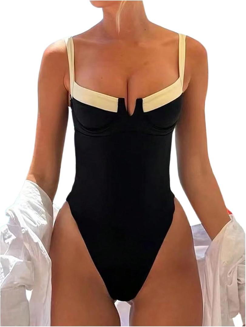 SOLY HUX Women's One Piece Bathing Suits High Cut Swimwear Push Up Bathing Suits Beach Vacation Clothes (Medium, Black and White)