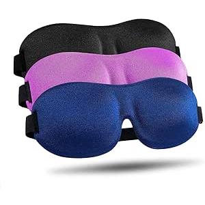 Sleep Mask 3 Pack, Upgraded 3D Contoured 100% Blackout Eye Mask for Sleeping with Adjustable Strap, Comfortable & Soft Night Blindfold for Women Men, Eye Shades for Travel/Naps, Black/Purple/Blue