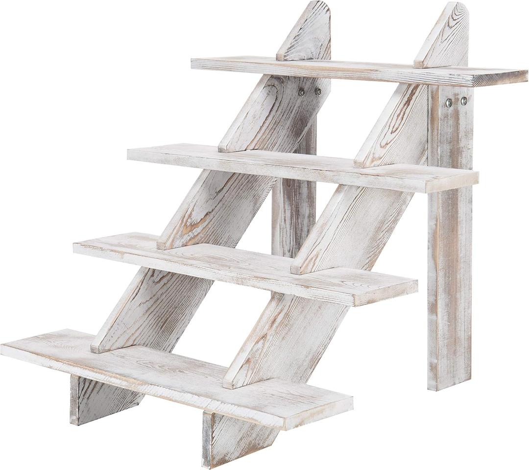 MyGift 4-Tier Vintage White Washed Solid Wood Tabletop Stair Step Storage Shelf, Tiered Party Table Display Riser for Food, Dessert, Cookies, Wedding Decor, Craft Show