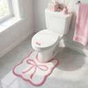 Bow Toilet Rug with Lid Lifter & Button; U-Shaped, Luxury, Scalloped Bathroom Mat; Non-Slip, Cute, Microfiber Soft Rugs Set Pink Pastel Coquette Decor for Toilet Base (Pink, 24 x 20 Inches)