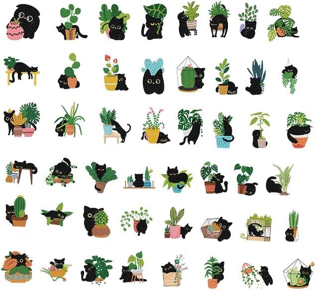 Aestalrcus 48 Pcs Diamond Art Stickers, Cats and Plants Diamond Painting Stickers Kit, Black Cats 5D Gem Art for Kids Birthday Party Holiday Gifts