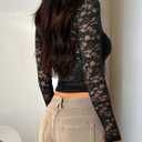 Womens Long Sleeve Going Out Tops Lace V Neck Mesh Crop Shirts Sexy Cute Y2K Fall Trendy Outfits 2025 (Black, L)