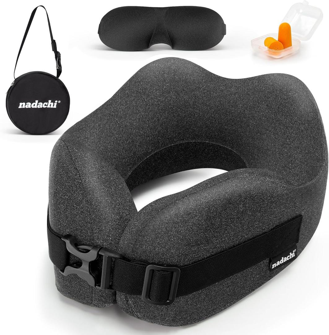 Neck Pillow Airplane Travel Set - Pure Memory Foam Travel Neck Pillow, Plane Pillow for Long Flights Essentials, Sleeping with 3D Contoured Eye Mask, Earplugs, Portable Bag (Darkgray-M) (Darkgrey)