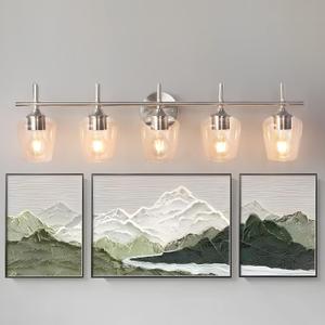 Bathroom Light Fixtures 5-Light Brushed Nickel Vanity Light with Clear Glass Shade, Modern Wall Lights for Bedroom Hallway Living Room, Nickel, 5 - Light