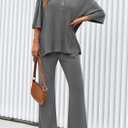 PRETTYGARDEN 2 Piece Lounge Sets for Women Summer 2025 Short Sleeve Tops Wide Leg Pants Matching Travel Outfits Clothing (Grey,X-Small) (XS)