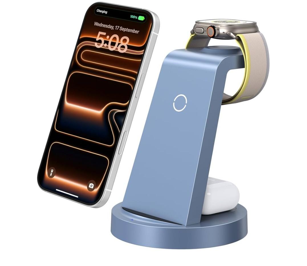 Anlzm 3 in 1 Charging Station for iPhone, Wireless Charger for iPhone 17 16e 16 15 14 13 12 11 X Pro Max & Apple Watch - Charging Stand Dock for AirPods (Blue)