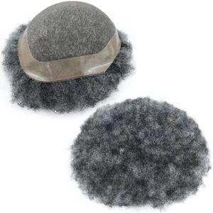 HAPPY&CC Gray Afro Curl Toupee Hair for Men Fine Mono Npu Black Hair Unit Piece with 50% Grey Hair System Replacement African American Toupee Wigs (10x8,1B50)