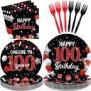 96Pcs Black and Red 100th Birthday Party Decorations, Serves 24