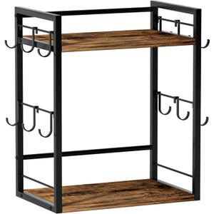 Dorhors 2 Tier Coffee Bar Accessories and Organizer,Multi-functional Mug Holder with 12 Hooks,Wood Coffee Station Organizer,Kitchen Countertop Shelf (Rustic Brown)