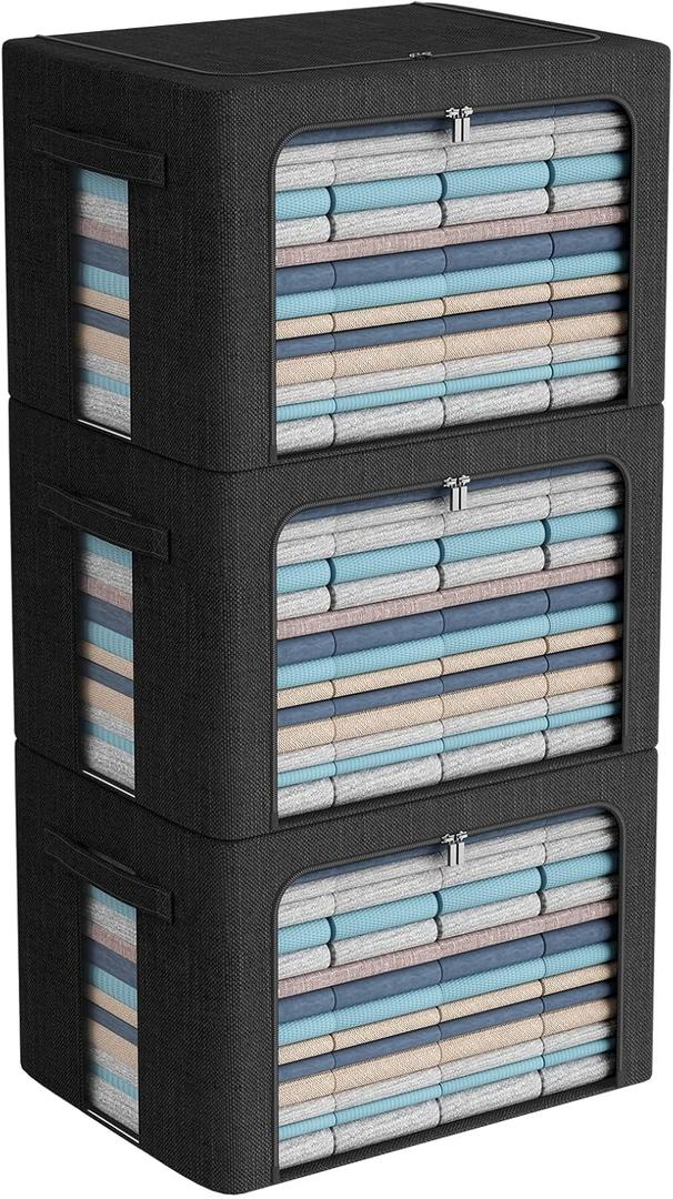 3Pack Foldable Storage Bins - Frame Storage Box Linen Fabric Stackable Clothes Container Organizer with Clear Window & Carry Handles Large Capacity (Extra Large-100L, Black)
