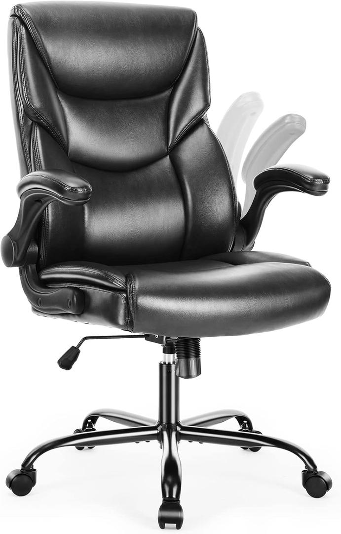 DUMOS PU Leather Office Chair - Ergonomic Executive Computer Desk Chairs with Adjustable Flip-up Armrest, Swivel Task Chair with Lumbar Support, Strong Metal Base,Inky (1pc)
