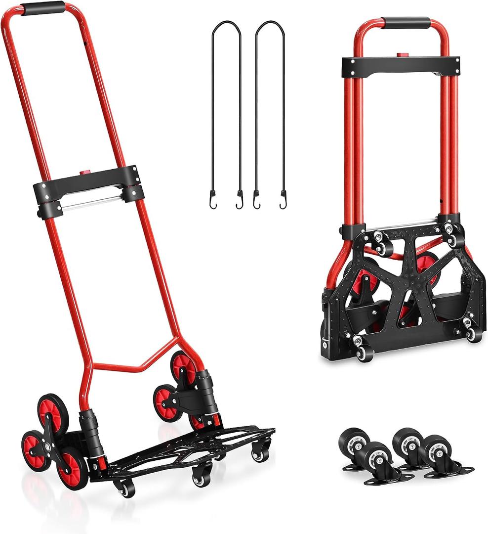 Stair Climbing Cart, 280 lbs Capacity Stair Climber Hand Truck and Dolly, Heavy-Duty Folding Stair Dolly with Stretchable Handle, 10 Wheels & 2 Elastic Ropes for Home Shopping Moving Warehouse