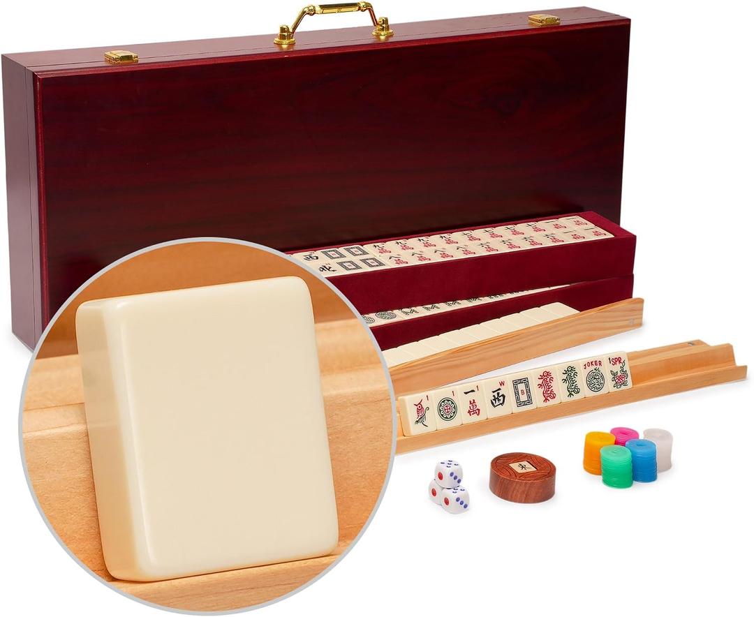 Yellow Mountain Imports American Mahjong Set Classic Luxe with Wooden Case, Wooden Pusher Racks, Wind Indicator, Dice & Wright Patterson Scoring Coins, 8.5 x 19.5 3 inches