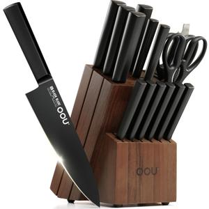 OOU Kitchen Knife Block Set - 15 Pieces High Carbon Stainless Steel Chef Knife Sets, Anti-Rust Black Knives Set with Built-in Sharpener Block, Brown