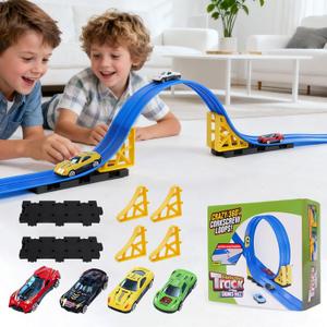Flexible Race Track for Kids - 15Ft Car Track with 4 Vehicle in 1:64 Scale, 4M DIY Car Ramp Roll Up, Play Race Cars for 3 4 5 6 Year Old Boys Girls, Little People Gifts for Birthday Christmas (Blue)