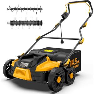 16-Inch 15.5 Amp 2-in-1 Electric Dethatcher and Scarifier, Lawn Dethatcher Rake with 14.5-Gallon Removable Thatch Bag, 5-Position Adiustment, Quick-Fold, Keeps Lawn Healthy - Yellow