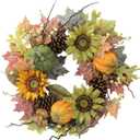 Admired By Nature 24 Inch Artificial Fall Pumpkin Sunflowers Wreath Wall Door Farmhouse Decor For Home Office Thanksgiving Harvest Wreaths For Front Door Cemetery Wreaths Indoor Outdoor, Green/Autumn