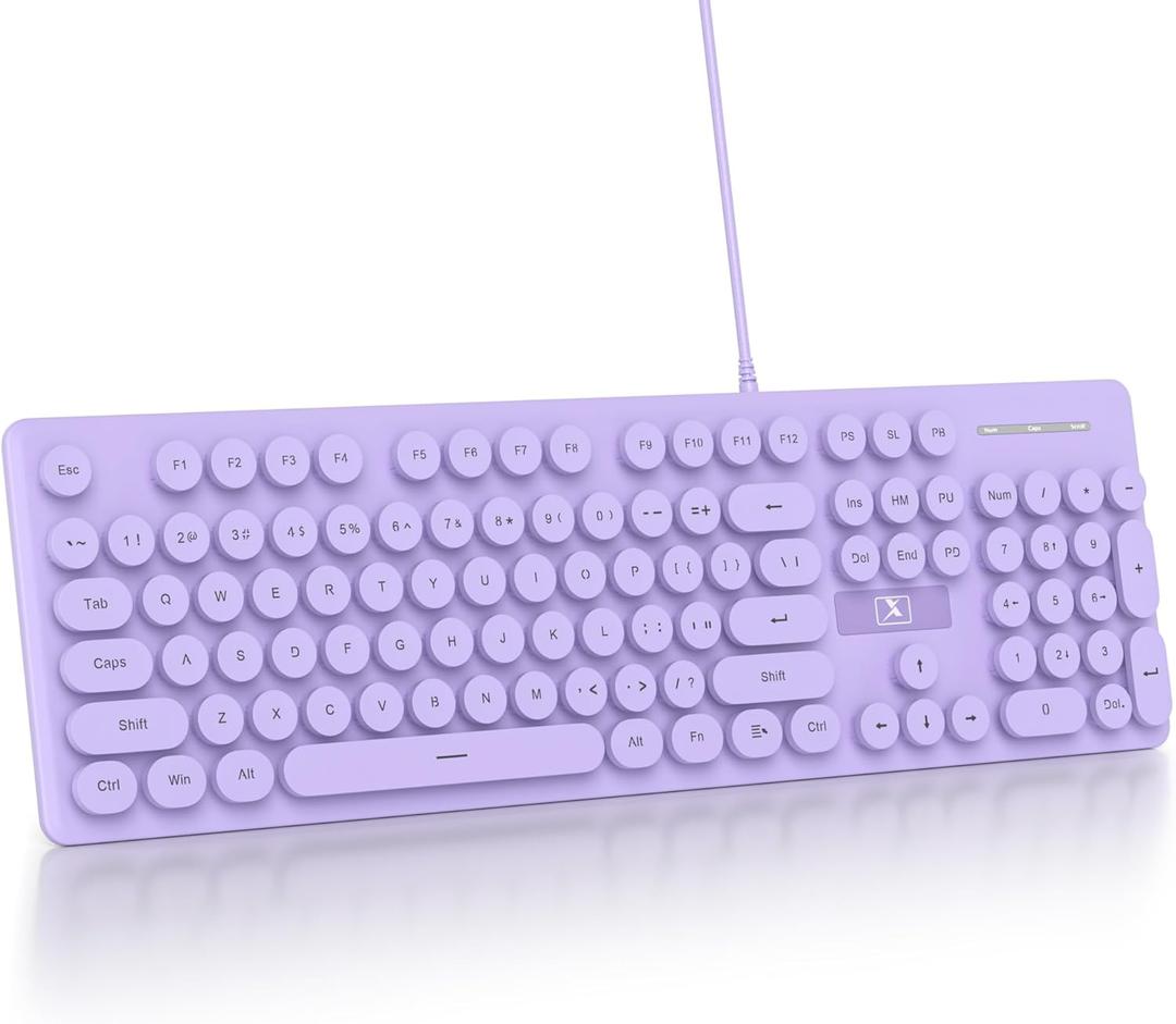 Quiet Keyboard Wired Membrane Keyboard Purple, Full Size 104 Keys Typewriter Key Board with Number Pad, White LED Backlit, Round Keycaps, Cute Computer Keyboards (Purple)