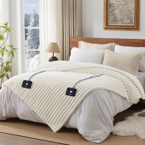 Westinghouse Electric Blanket Queen Size, Super Cozy Luxury Faux Fur & Sherpa Heated Blanket with 10 Heating Levels & 1-12 Hours Auto Off, Fast Heating Blanket, Machine Washable, 84x 90 Inch, Beige (Ivory Stripe)