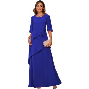 Long Royal Blue Plus Size Crew Neck Chiffon Ruffles Mother of The Bride Dressesfor Women 3/4 Sleeve Formal Evening Dress with Pockets (Size 12)