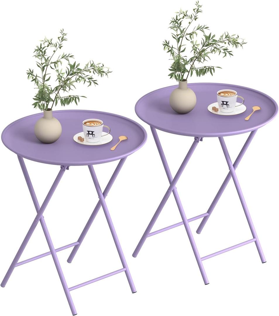 Garden 4 you Folding TV Tray Table, Metal Round Side Table, Purple Dinner Table with Metal Frame, Modern Outdoor Tray Table for Living Room, Bedroom, Patio & Small Spaces, 2 Packs, 2 PCS