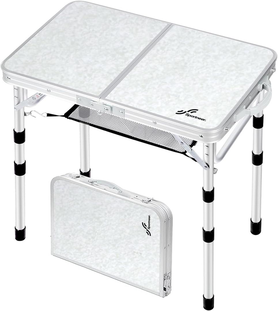 Sportneer Camping Table: Adjustable Height Small Folding Table 23.6" L x 15.7" W 3 Height with Mesh Layer - Compact & Portable Camping Essentials for Outdoor Camp Garden Picnic BBQ Dining Cooking