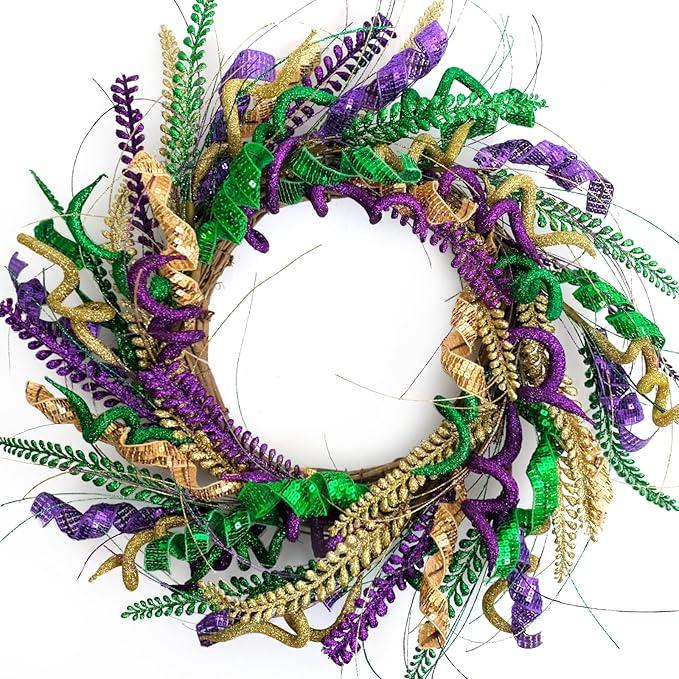 DR.DUDU Mardi Gras Wreath Decorations, 16 Inch Wreaths Decor for Front Door with Glittered Purple, Green, and Gold, Large Mardi Gras Wreath for Home Outdoor Party Carnival