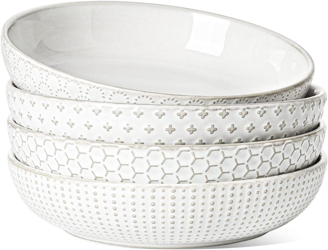 LE TAUCI Pasta Bowl 36 oz, Salad Bowl Serving Plate Bowls, Housewarming Wedding Present, Ceramic Embossment Bowl for Pasta, Fruits, Salad, Noodle, Dinner - 8 Inch, Set of 4, Arctic White
