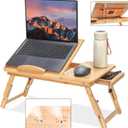 Adjustable Bamboo Laptop Desk with Cooling Fan, Foldable Bed Tray for Breakfast, Writing, and Drawing, with Tilting Top and Drawer, Portable Lap Desk for Bed, Sofa, and Floor.