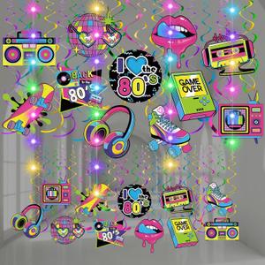 2 x Skyygemm 56 Pcs 80s Hanging Decorations with Lights Back to the 80's Hanging Swirls Retro Hip Hop Paper Cutouts Neon Rock Hippie Music Record Disco Ceiling Streamers for Home Birthday Party Supplies