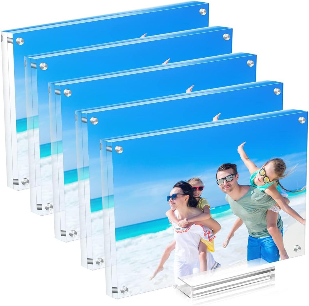 5 Pack Acrylic Picture Frame 57 Clear Double Sided Magnetic Photo Frame - Frameless Baby Friend Family Picture Desktop Display with Support Stand and Gift Boxes