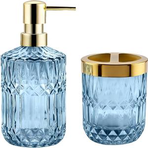 2Pcs Blue Bathroom Accessories Set, Glass Bathroom Accessories, Vintage Bathroom Countertop Decoration Includes Soap Dispenser, Toothbrush Holder