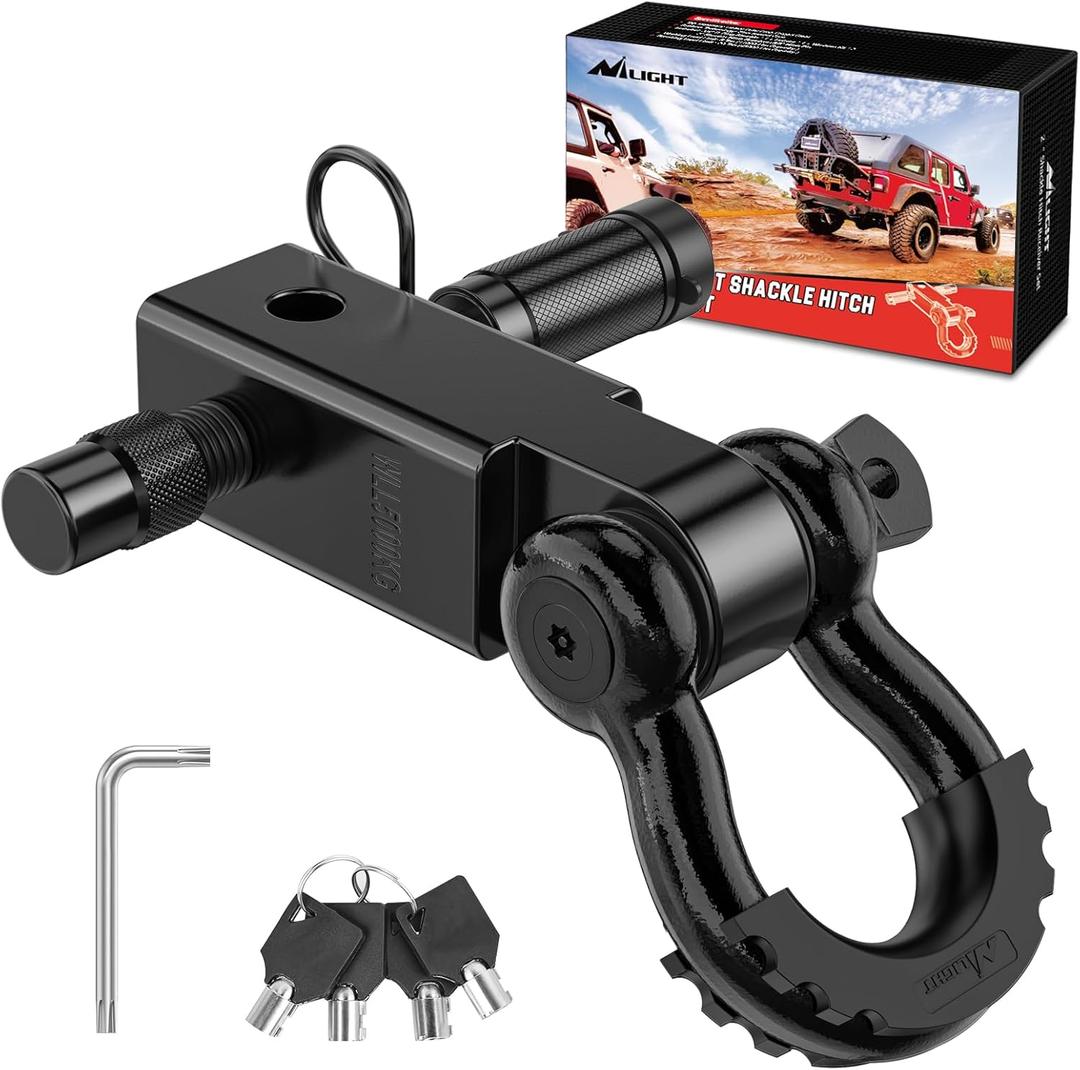 Nilight Anti-Theft Shackle Hitch Receiver 2Inch 45000 LBs Breaking Strength 3/4" Anti-Theft D Ring Shackle 5/8" Trailer Hitch Lock Pin Heavy Duty Solid Towing Kit for Trucks Off Road (Black)