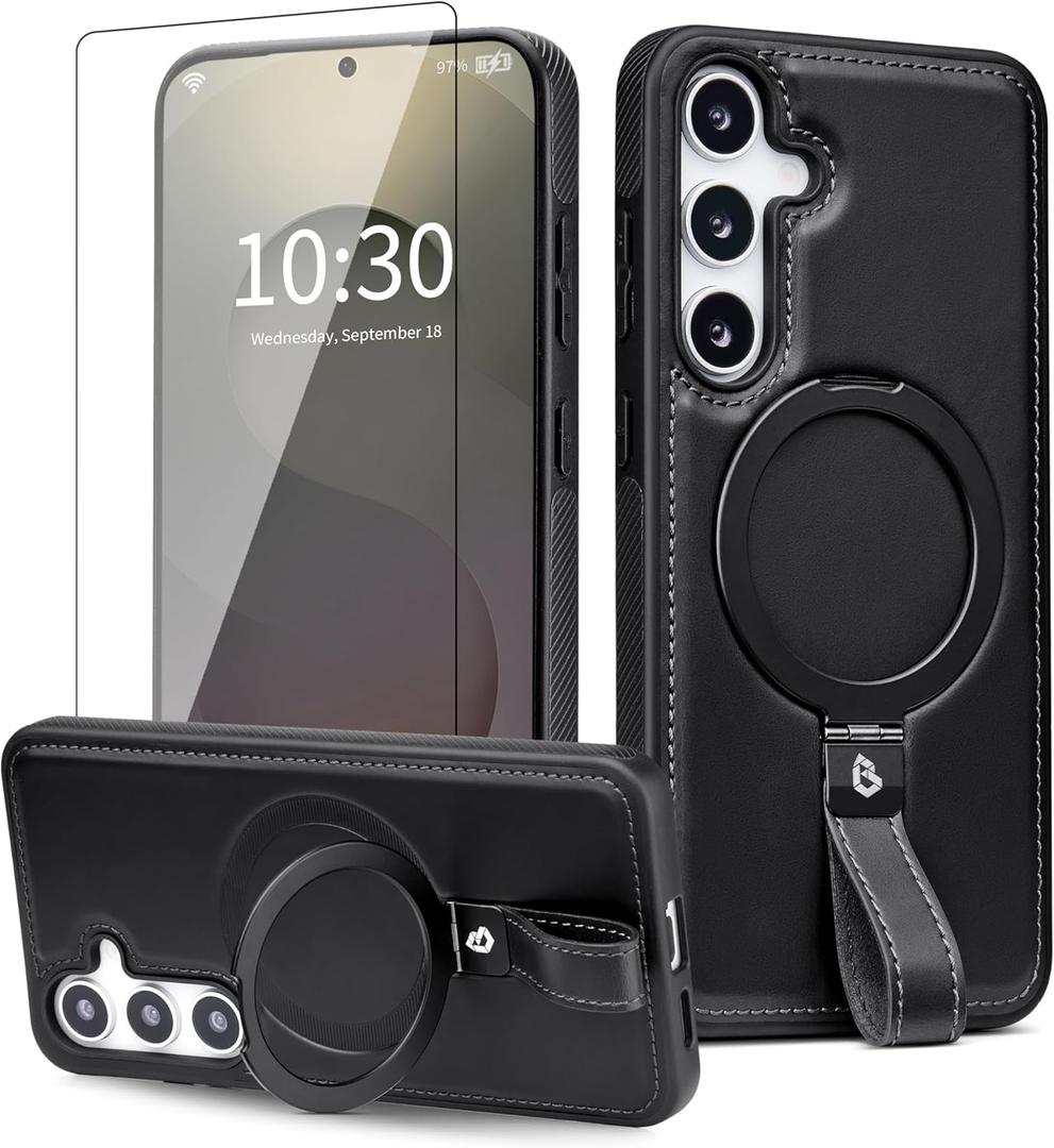 for Samsung Galaxy S25 Case Leather with Stand, Anti-Slip Shockproof Loop, Compatible with MagSafe, Magnetic Protective Galaxy S25 Leather Case, Black (S25-6.2inch)