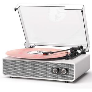 Bluetooth Vinyl Record Player with Built-in Stereo Speakers, Upgraded Sound Quality, 3-Speed Belt-Drive Turntable with Auto Stop, AUX/RCA, White Wood Grain Vinyl Player for Home Audio & Gift Use