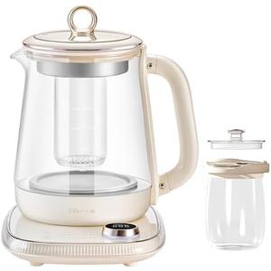 Bear HK-5L15B05 Electric Kettle, 1.5L Health Pot with Small Bubble Technology, Stainless Steel & Glass Kettle, 6 Programs, 1000W, Cream White